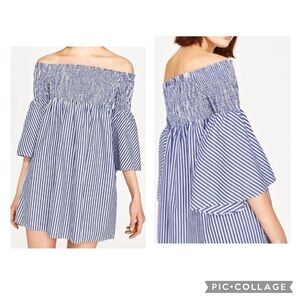 ZARA Women’s Blue White Stripe Smocked Off The Shoulder Bell Sleeve Dress Sz XS